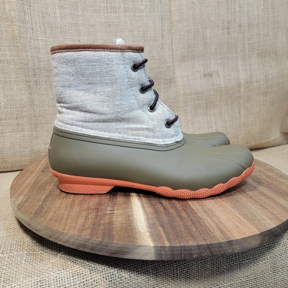 Sperry Duck Boots Ankle Rain Boots Waterproof Lace Up Gray Green‎ Women's Size 7 - Picture 1 of 8